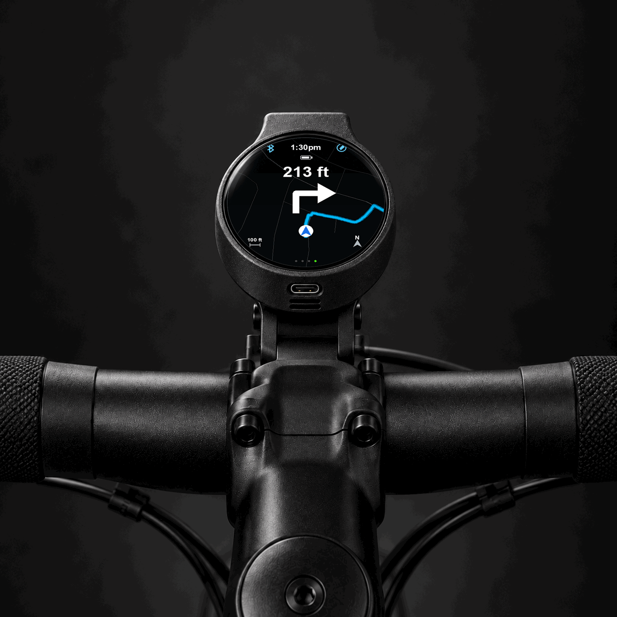 PedalOne on bicycle handlebars showing turn-by-turn navigation